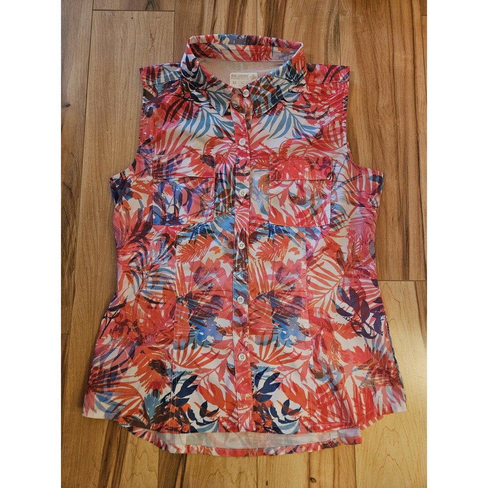Reel Legends Sleeveless Top Woman Medium Multicolor Leaf Print Button Up Shirt